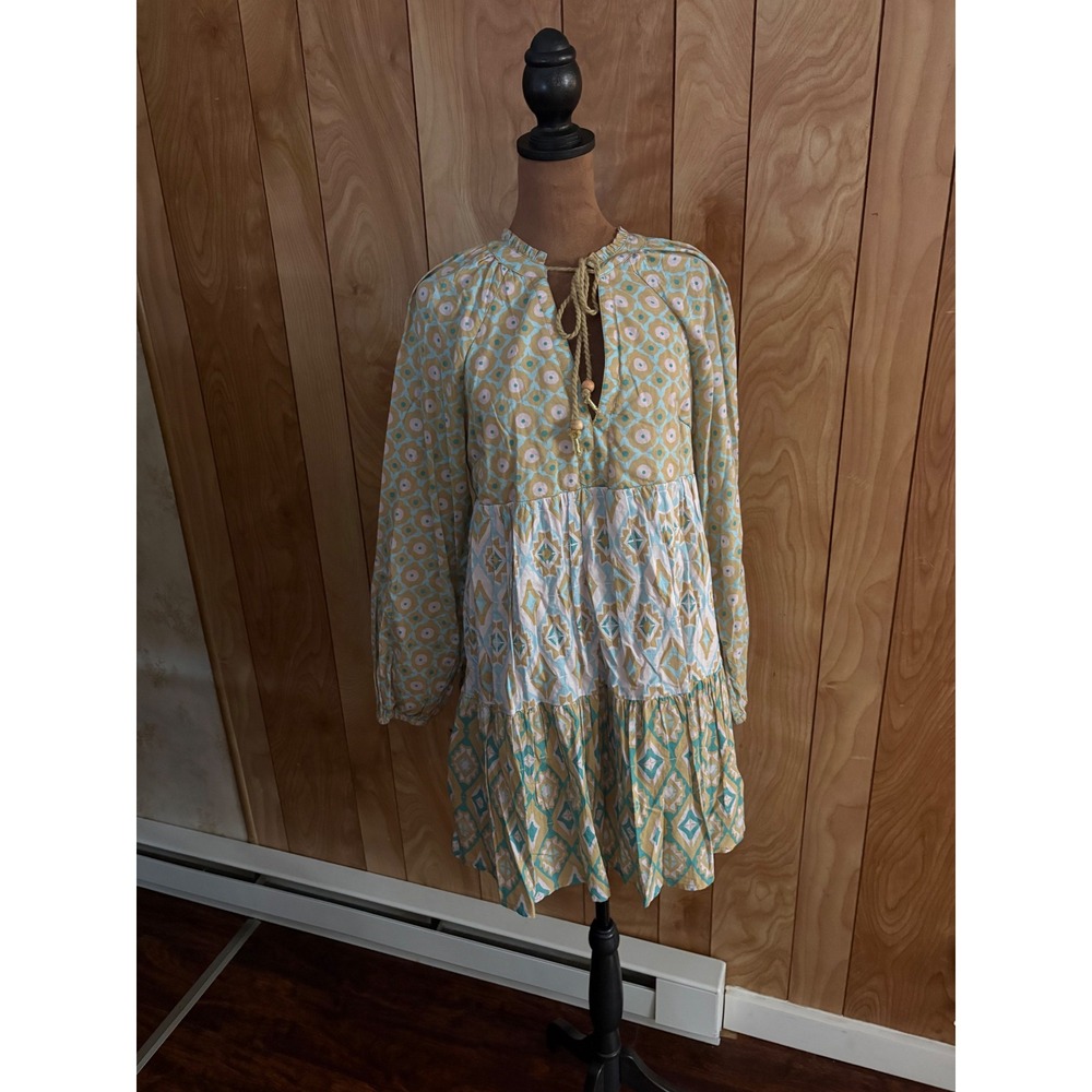 Jessica Simpson Mixed Print Tiered Cotton Mini Dress Yellow Teal Small Boho